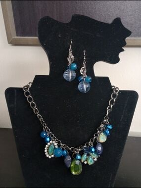 Blue and Green Statement Necklace & Earrings Set